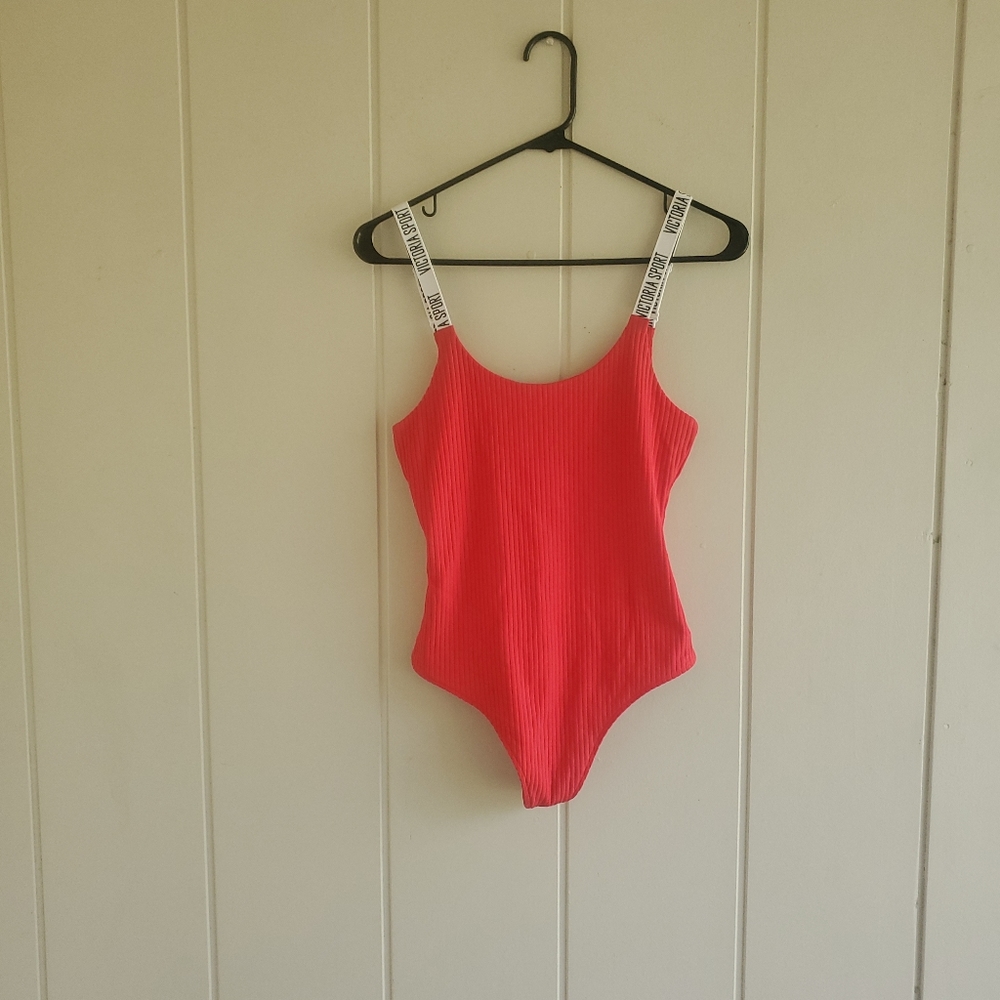 Victoria's Secret Sport Logo Ribbed Plunge Thong Bottom Teddy Bodysuit Small